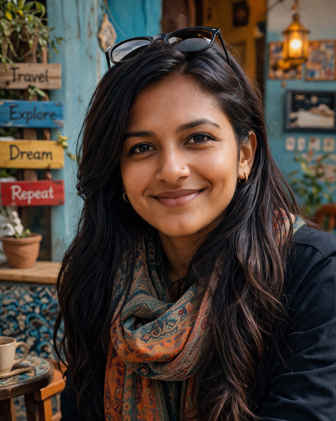 Cozy café smile and travel vibes